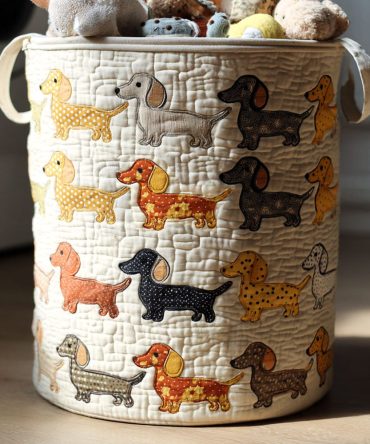 Doxie Parade Quilted Laundry Hamper — Playful Dachshund Print Fabric Laundry Basket, Collapsible Pet-Lover Organizer