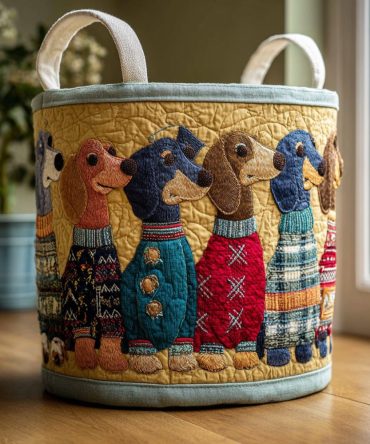 Doxie Row Quilted Laundry Hamper – Charming Dachshund Pattern Fabric Storage Bin, Collapsible Washable Hamper With Carry Handles