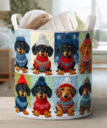 Dachshund Doxie Squad Quilted Laundry Hamper - Large Washable Fabric Basket With Handles For Clothes, Toys & Dorm