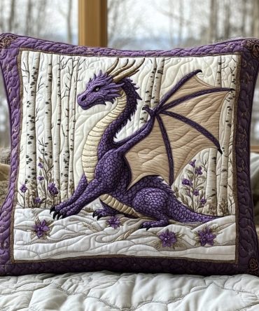 Dragon Forest Quilted Pillow Cover — Mythic Woodland Decorative Sham With Dragon Motif, Accent For Game Room, Bedroom & Sofa, Washable