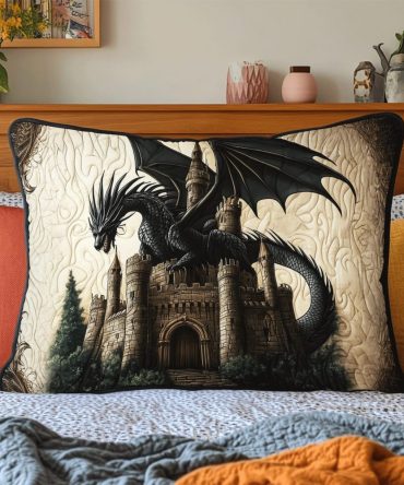 Dragon Fortress Quilted Pillow Cover — Mythical Dragon Decorative Throw Pillow Case For Fantasy, Medieval & Gamer Bedrooms