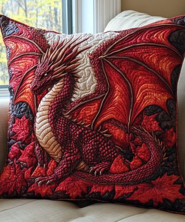 Dragon Flame Quilted Decorative Pillow Cover — Fiery Dragon Artwork With Textured Quilting, Durable Accent For Sofas, Beds & Gaming Nooks