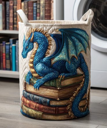 Dragon Library Quilted Laundry Hamper - Bookish Dragon Motif Collapsible Fabric Basket For Study, Kids Room & Gifts