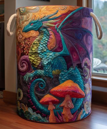 Dragon Realm Quilted Laundry Hamper - Decorative Large Fabric Storage Basket, Collapsible Design With Handles & Removable Liner For Closet