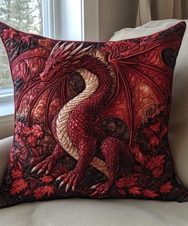 Dragon Spirit Quilted Throw Pillow Cover — Majestic Dragon Motif With Embroidered Detail, Statement Decorative Cushion For Fantasy & Themed Rooms