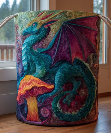 Dragon Tales Quilted Fabric Laundry Hamper — Bold Patterned Collapsible Basket With Handles, Sturdy & Decorative