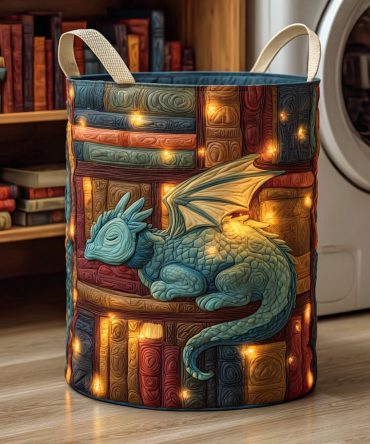 Dragon Wisdom Pages Quilted Laundry Hamper — Literary Dragon Motif Foldable Storage Basket For Book Lovers And Unique Home Styling