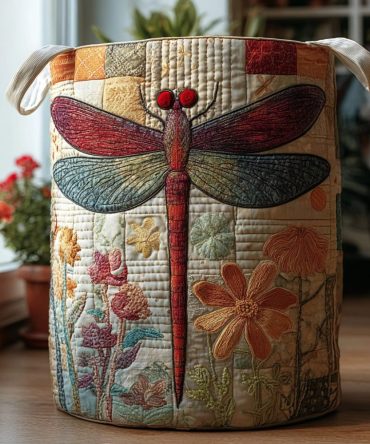 Dragonfly Bloom Quilted Laundry Hamper – Floral Dragonfly Design Foldable Laundry Storage With Handles, Washable & Durable For Everyday Use