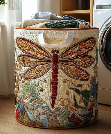 Dragonfly Bloom Quilted Laundry Hamper — Whimsical Dragonfly Foldable Laundry Basket, Washable Cotton Storage With Comfortable Handles