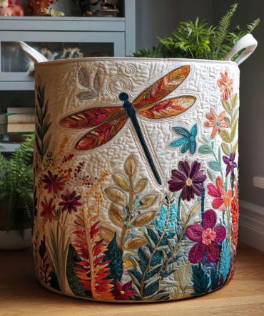 Dragonfly Bloom Quilted Collapsible Laundry Hamper - Stylish Decorative Washable Storage Basket With Sturdy Handles For Home & Dorm