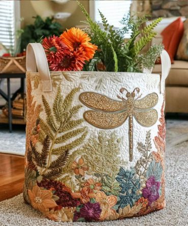 Dragonfly Blooming Quilted Laundry Hamper – Floral Dragonfly Fabric Basket, Collapsible Washable Hamper With Handles For Chic Storage Solutions