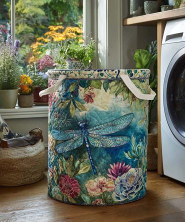 Dragonfly Charm Quilted Laundry Hamper — Delicate Dragonfly Motif Fabric Bin With Handles, Foldable Decorative Storage For Bedroom & Bath