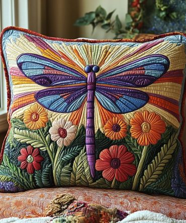Dragonfly Dreams Quilted Decorative Pillow Cover - Delicate Dragonfly Motif Throw Pillowcase For Garden & Living Spaces, Soft & Washable