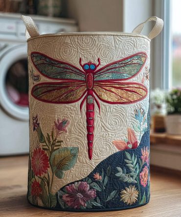 Dragonfly Fields Quilted Laundry Hamper — Large Floral Dragonfly Print Storage Basket, Soft Quilted Fabric, Collapsible & Lightweight