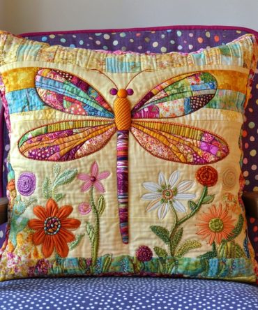 Dragonfly Floral Quilted Pillow Cover — Delicate Insect & Bloom Throw Accent, Textured Decorative Pillowcase For Garden-Inspired Interiors