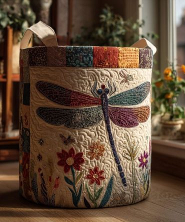 Dragonfly Flourish Quilted Laundry Hamper - Stylish Padded Cotton Basket With Handles, Foldable Storage For Home