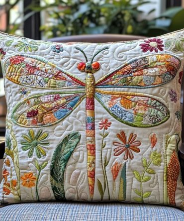 Dance Of Dragonflies Quilted Throw Pillow Cover – Colorful Garden Accent Case For Living Room, Bedroom & Patio, Soft Durable Fabric