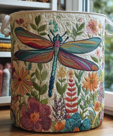 Dragonfly Garden Quilted Laundry Hamper — Floral Dragonfly Fabric Basket, Large Foldable Hamper With Comfortable Handles & Easy Maintenance