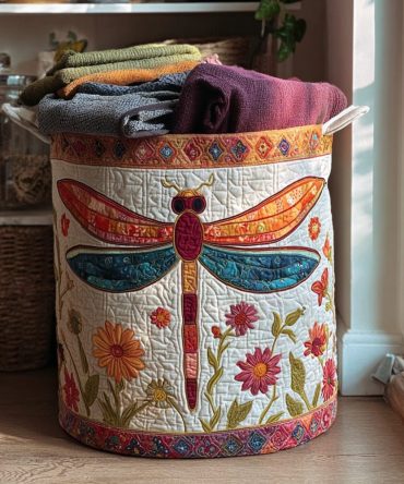 Dragonfly Garden Quilted Laundry & Storage Basket — Foldable Decorative Hamper With Handles For Nature-Inspired Home Décor