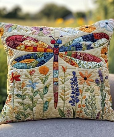 Premium Quilted Dragonfly Garden Pillow Cover – Decorative Floral Throw Pillow Case For Sofa, Bed & Cottage Décor, Machine Washable