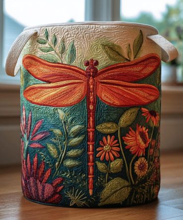 Dragonfly Grace Quilted Laundry Hamper — Elegant Dragonfly Fabric Laundry Basket For Bathroom, Bedroom & Nursery, Foldable & Lightweight