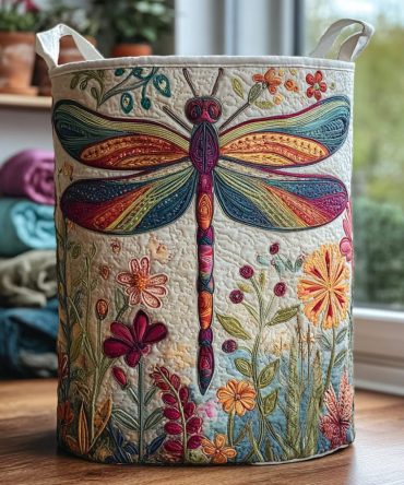 Dragonfly Meadow Quilted Laundry Hamper – Botanical Meadow Print Fabric Basket, Foldable Home Storage & Clothes Organizer With Handles