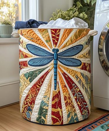 Dragonfly Ray Quilted Laundry Hamper — Delicate Dragonfly Pattern, Foldable Quilted Fabric Basket With Sturdy Handles & Compact Storage