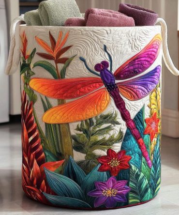 Dragonfly Serenity Quilted Laundry Hamper – Tranquil Dragonfly Print Fabric Basket, Foldable Durable Hamper With Easy-Carry Handles