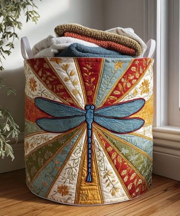 Dragonfly Shine Quilted Laundry Hamper — Elegant Insect Motif Foldable Cotton Basket With Handles & Easy-Care Fabric