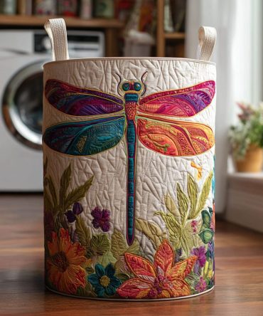 Dragonfly Sky Quilted Laundry Hamper — Airy Dragonfly Print Storage Basket For Nursery, Bedroom & Bath
