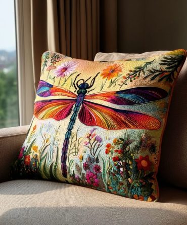 Dragonfly Spirit Quilted Pillow Cover — Boho Nature-Inspired Decorative Throw Pillowcase With Intricate Stitching For Indoor & Patio Styling
