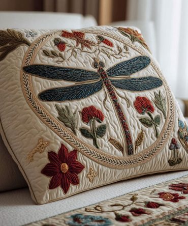 Elegant Dragonfly Quilted Cushion Cover — Nature-Inspired Decorative Throw Pillow Case For Patio, Living Room & Bedroom Accent