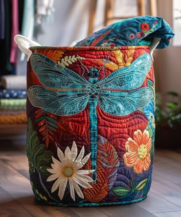 Dragonfly Whimsy Quilted Laundry Basket — Decorative Foldable Storage Hamper With Handles For Nursery, Closet & Home Organization