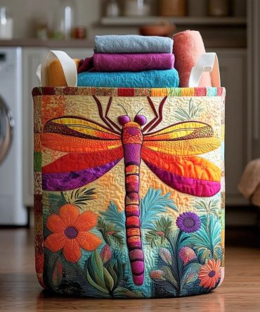 Dragonfly Whisper Quilted Laundry Hamper — Elegant Dragonfly Print Fabric Basket, Foldable, Breathable & Durable Organizer For Modern Homes