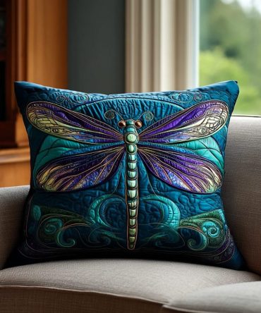 Dragonfly Quilted Decorative Pillow Cover — Elegant Dragonfly Wings Throw Pillow Case For Living Room, Bedroom & Garden Accent, Gift-Ready