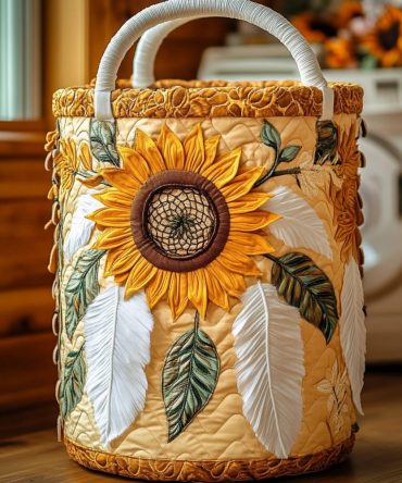 Dream Sunflower Quilted Laundry Hamper — Sunny Sunflower Fabric Laundry Basket, Foldable With Reinforced Handles