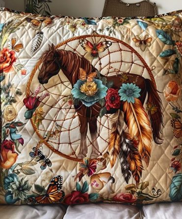 Boho Dreamcatcher Horse Quilted Pillow Cover — Artistic Decorative Throw Sham With Dreamcatcher & Horse Motif, Quilted Texture, Machine Washable
