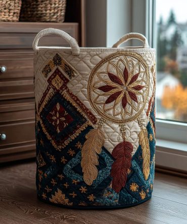 Dreamcatcher Bloom Quilted Laundry Hamper — Floral Bohemian Collapsible Storage Basket For Clothes, Toys & Home Decor