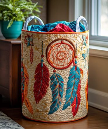 Dreamcatcher Echo Quilted Laundry Hamper — Ethereal Boho Fabric Storage Basket, Collapsible Hamper For Home Organization