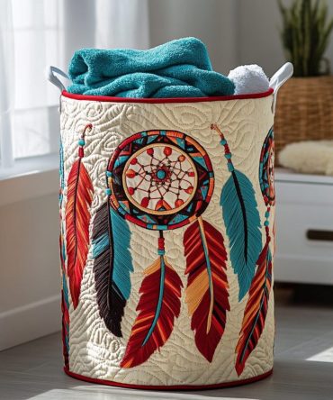 Dreamcatcher Grace Quilted Laundry Hamper — Elegant Bohemian Storage Basket, Collapsible Quilted Hamper For Clothes & Toys