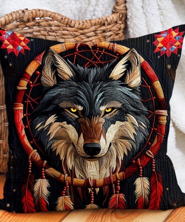 Dreamcatcher Wolf Quilted Pillow Cover - Boho Wolf Design Decorative Throw Pillowcase, Tribal-Inspired, Soft Cotton Blend