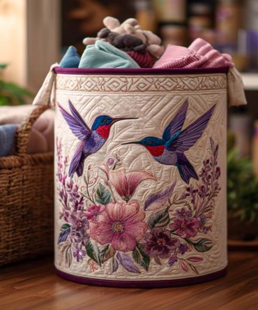Dreamy Hummingbird Path Quilted Laundry Hamper — Decorative Collapsible Fabric Basket For Gentle Nursery, Bedroom & Giftable Home Storage
