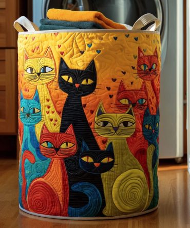 Dreamy Cat Quilted Laundry Hamper - Soft Foldable Basket With Padded Walls, Easy-Carry Handles & Cute Meow Design For Stylish Home Storage