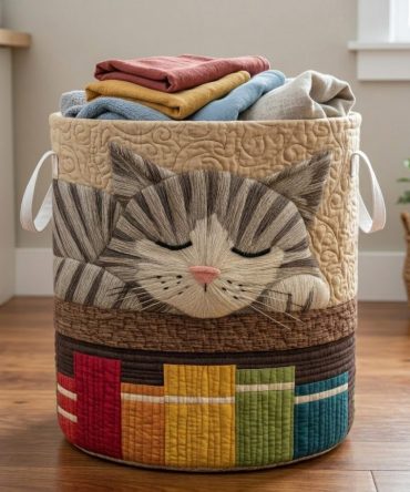 Dreamy Tabby Quilted Laundry Basket — Tabby Cat Print Storage Hamper, Large Washable Cotton Quilt, Collapsible & Easy-Carry Design