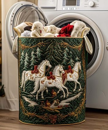 Dusty Hooves Quilted Fabric Laundry Hamper - Rustic Horse Print Collapsible Laundry Basket With Handles & Lined Interior For Farmhouse Style