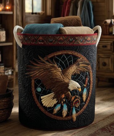 Eagle Spirit Quilted Fabric Laundry Hamper - Patriotic Collapsible Storage Basket For Heavy Loads, Durable Canvas-Style, Reinforced Handles