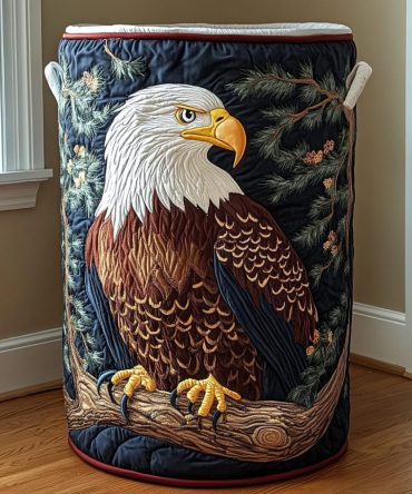 Eagle Watch Quilted Laundry Hamper - Rugged Foldable Fabric Basket With Zip Top, Reinforced Handles & Patriotic Eagle Motif