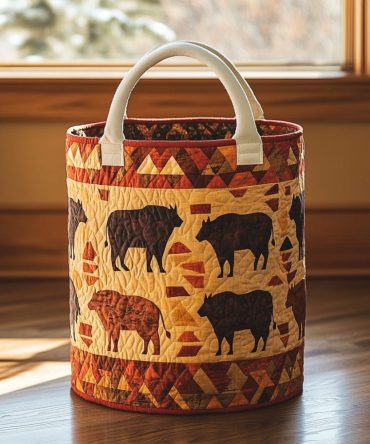 Earth Totem Quilted Laundry Hamper — Tribal Earth Tones Fabric Laundry Bin, Collapsible With Reinforced Handles
