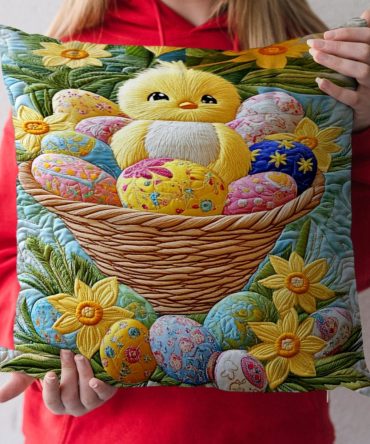 Easter Basket Eggs Quilted Pillow Cover — Festive Egg & Basket Motif Decorative Pillowcase, Quilted Spring Accent For Holiday Styling