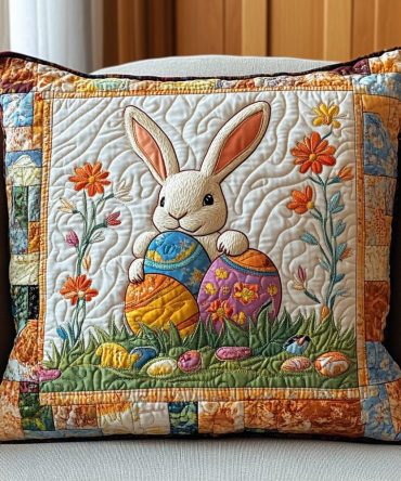 Easter Bunny Quilted Pillow Cover - Spring Holiday Decorative Pillowcase, Cute Pastel Accent For Nursery & Seasonal Decor
